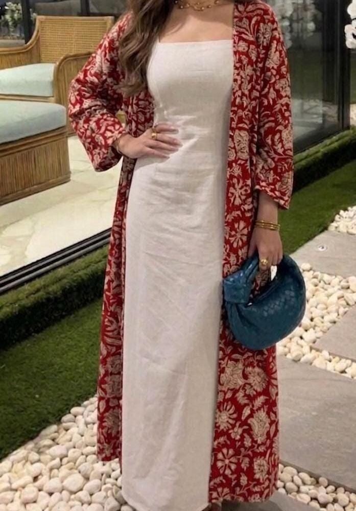 Hand Block Print Floral Kimono, Bohemian Summer Outfit, Modest Resort Wear, Open Abaya Style Duster, Long Cotton Summer Shrug