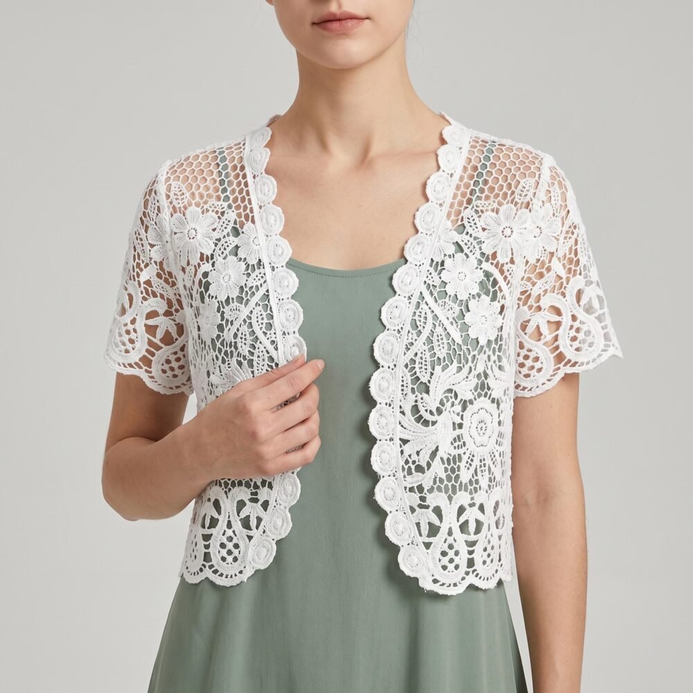 White Lace Crochet Bolero – Summer Openwork Shrug Top, Cotton Blend Layering Piece