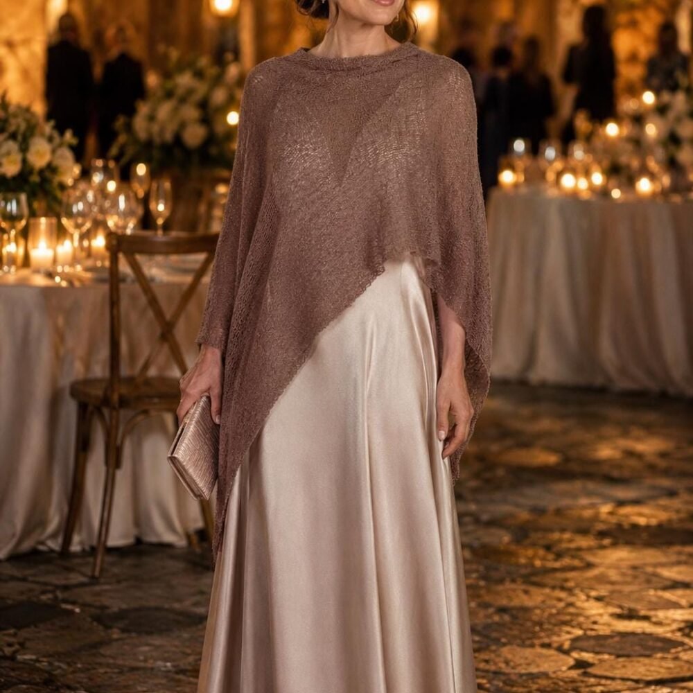 Mocha Mousse Lightweight Knit Beige Poncho Shawl Scarf Cape Bolero All in One! Wedding Evening Dress Shoulder Cover up, Summer Resort, #23