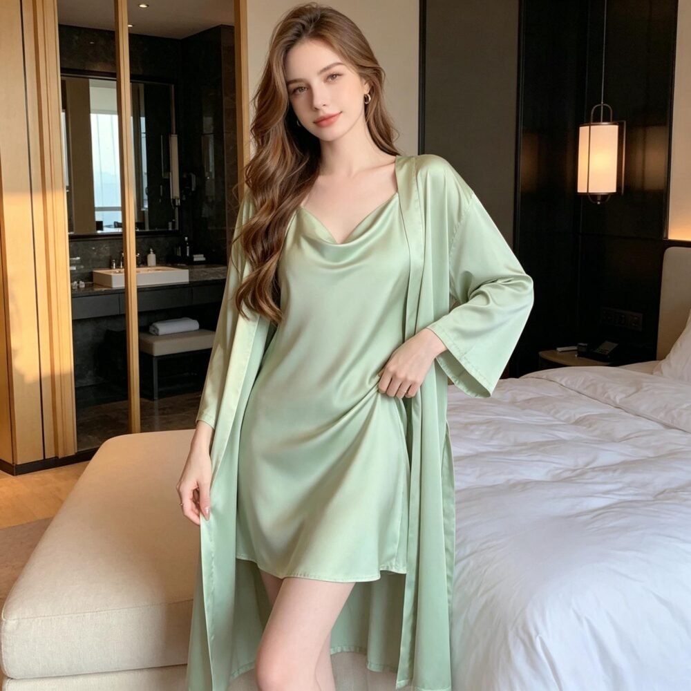 Set Of A Halter-Neck Slip Dress And A Long Kimono Robe, Fresh And Comfortable Loungewear, A Casual Gift For Her.