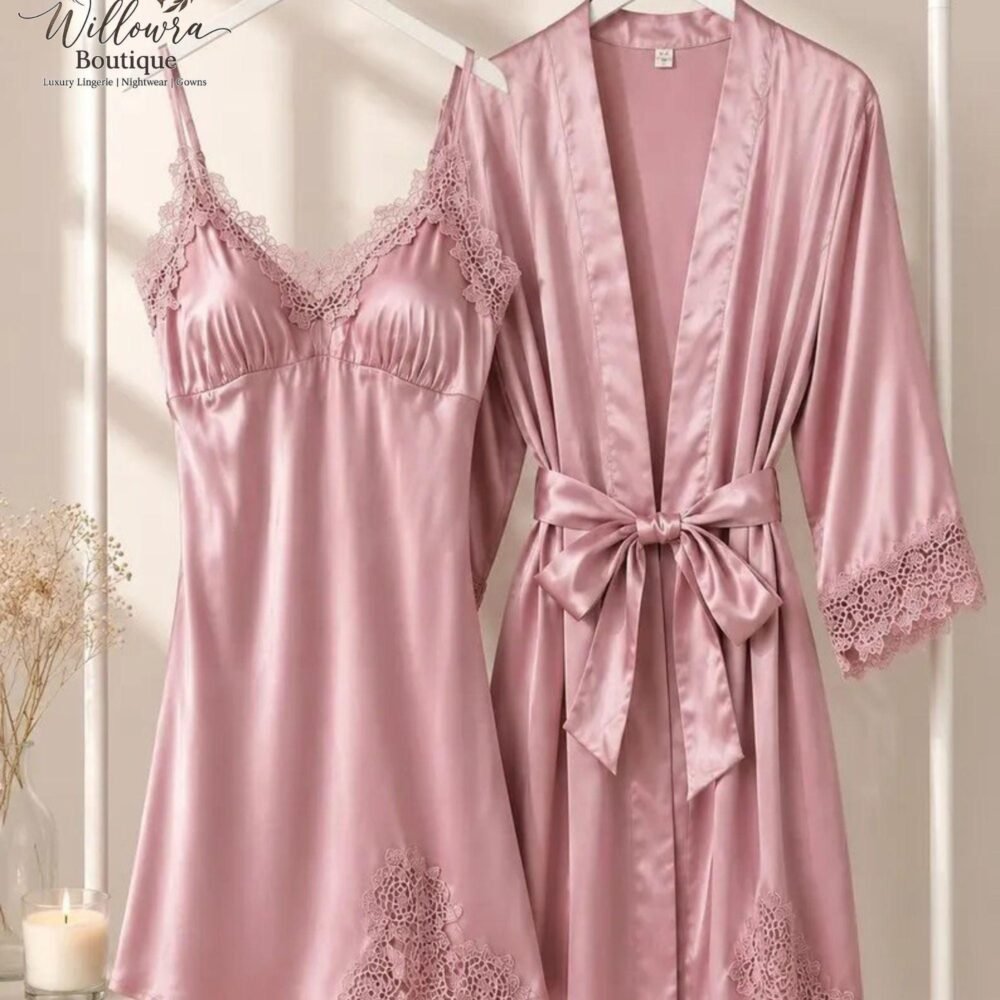Silk Nightgown Robe Set, Lace Trim Sleepwear, Women's Loungewear