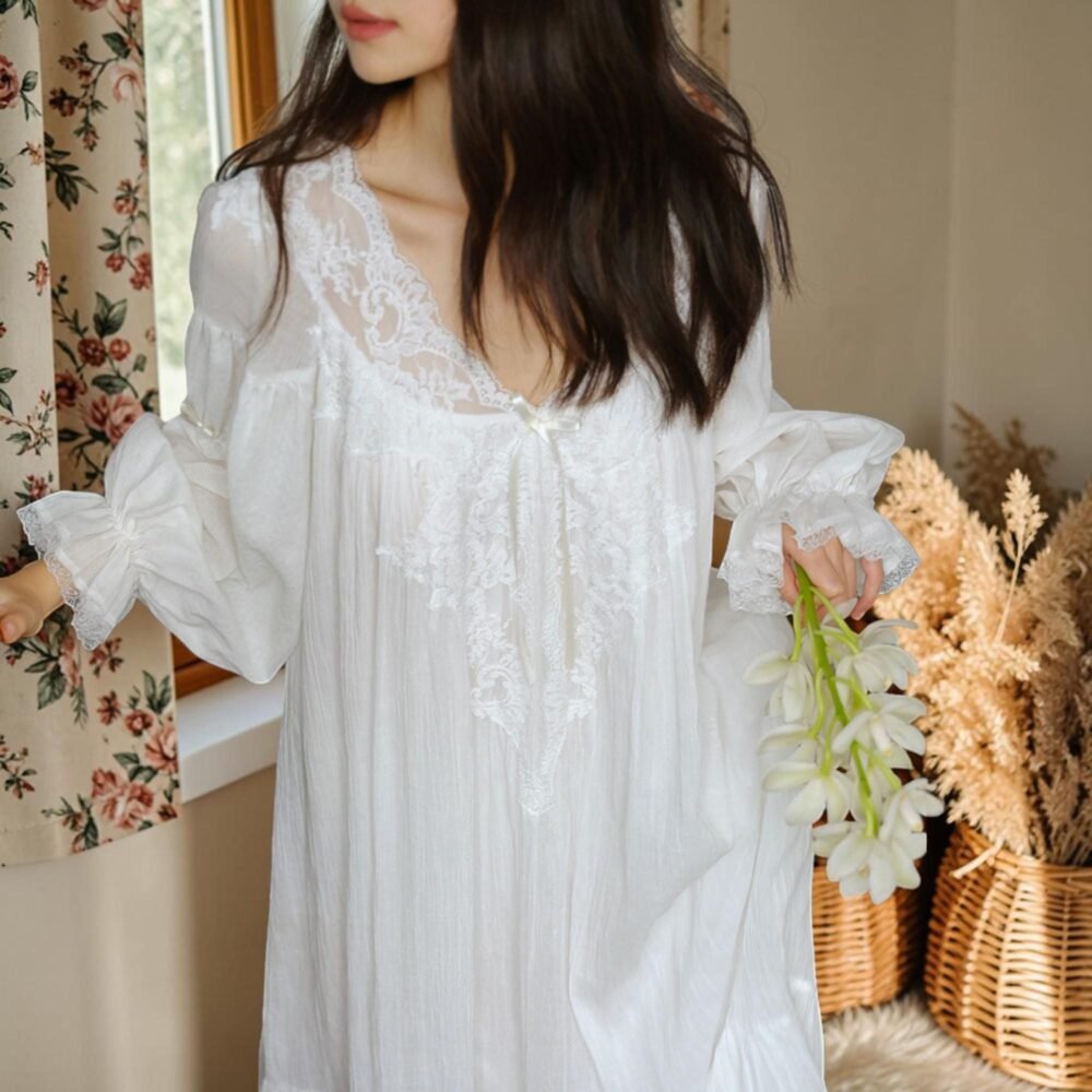Victorian Cotton Nightgown Women, Cottagecore Lace Sleep Dress, Romantic Maxi Nightgown, Fairycore Bridal Loungewear, Vintage Sleepwear