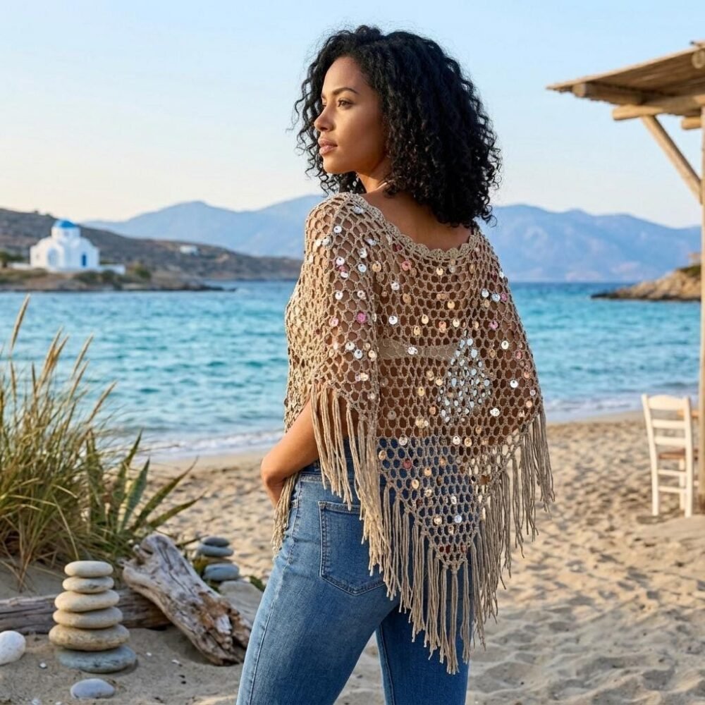 Sparkly Sequin Crochet Poncho, Tassel Hem Boho Beach Shrug, Hollow Knit Summer Wrap