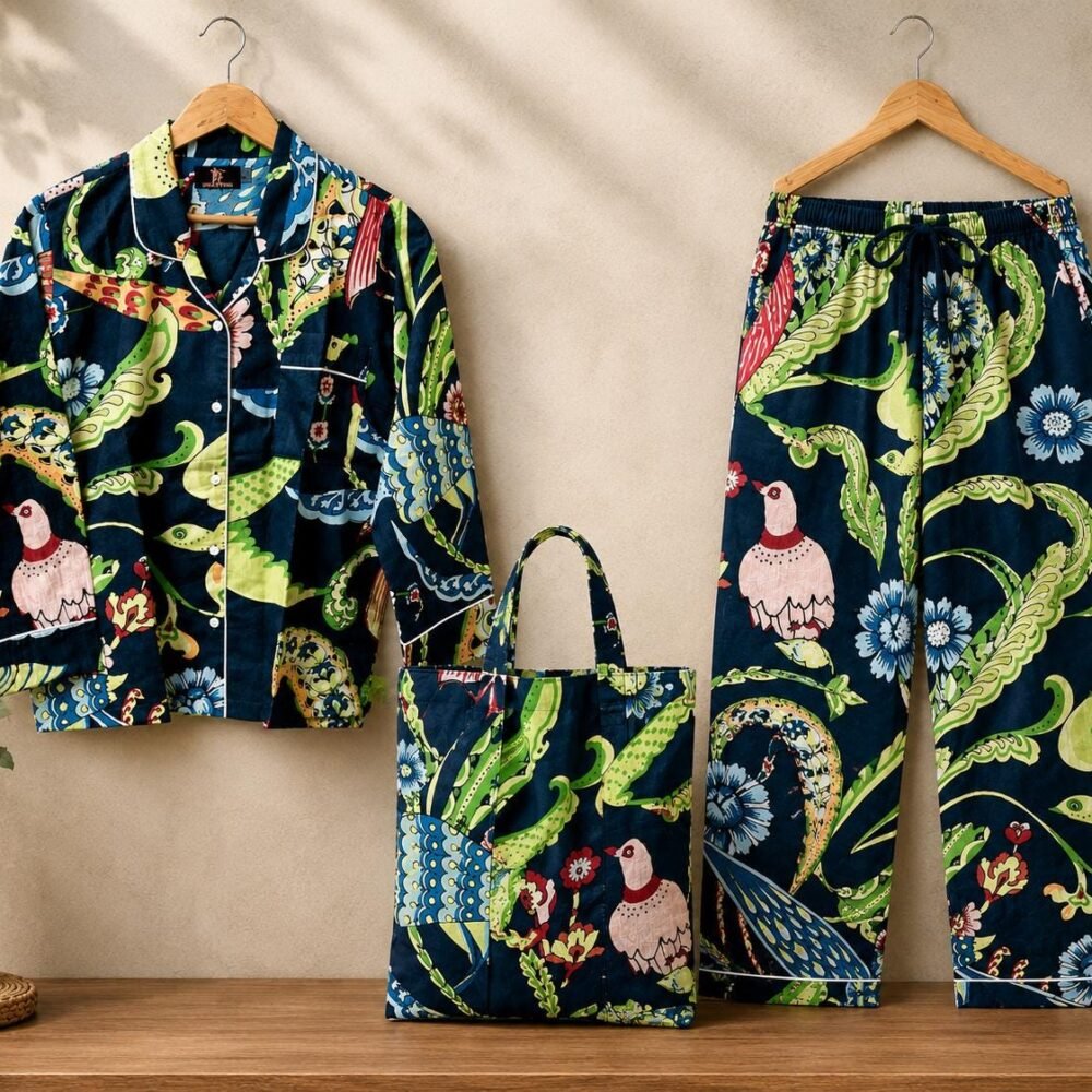 Hand Block Parrot Print Cotton Pajama Set: Indian Floral Nightwear