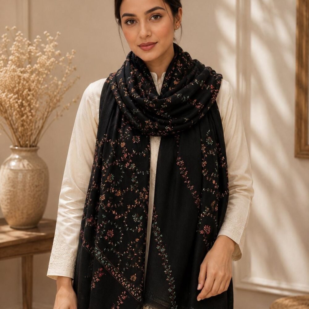 Hand Embroidered Lightweight Wool Shawl | Kashmiri Wool Wrap | Soft Winter Scarf | Floral Needlework Stole | Gift for Her