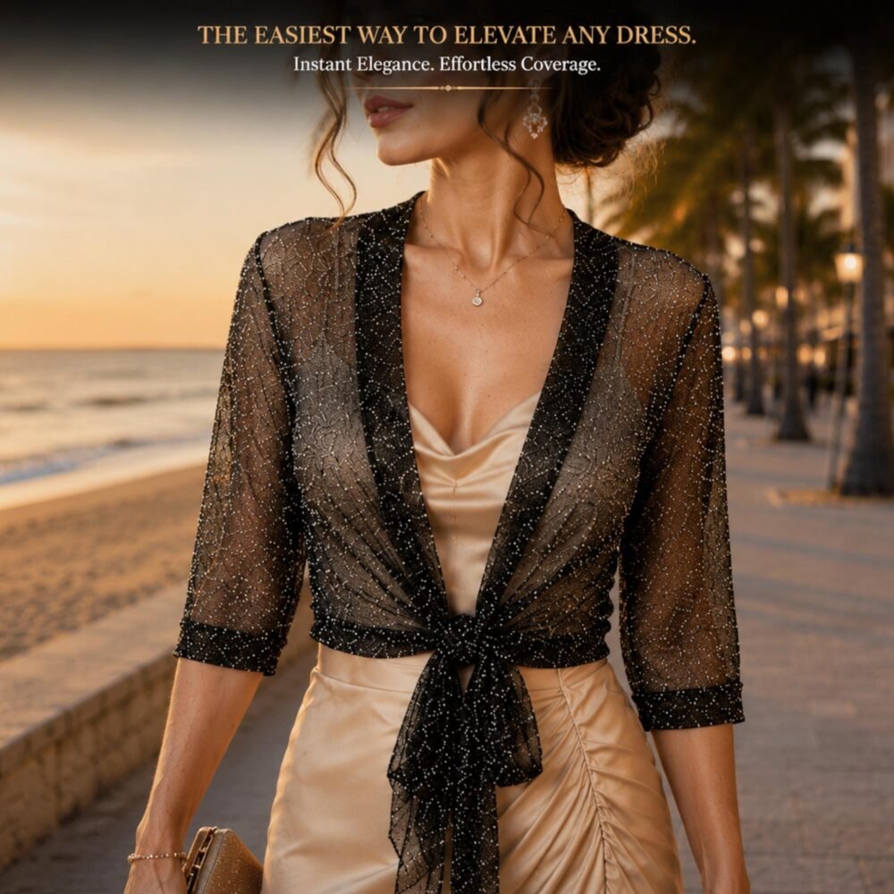 Women's Sparkling Lace-Up Cardigan Sheer Glitter Cover Up Lightweight Half Sleeve Bolero Shrug for Dresses Wedding Evening Wear