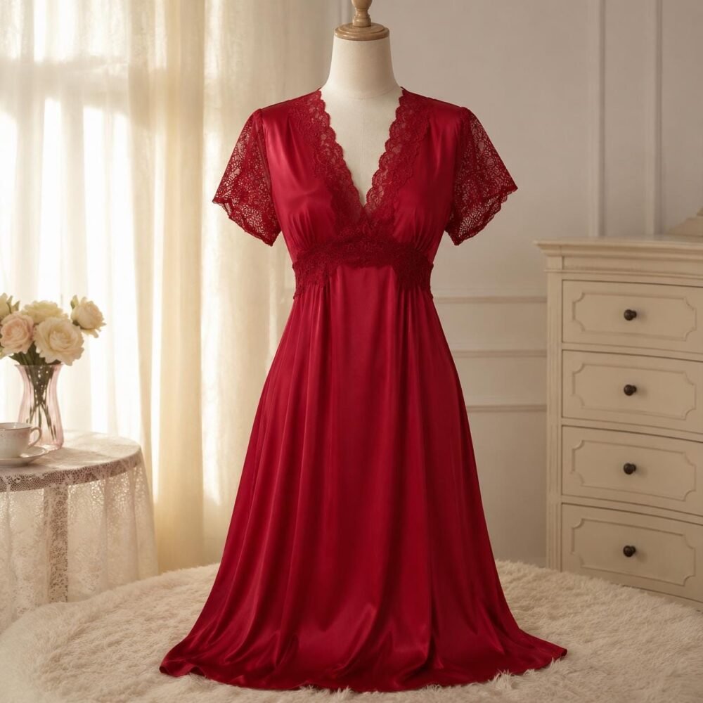 Satin Lace Nightgown with Built-In Bra, Short Sleeve V-Neck Sleep Dress