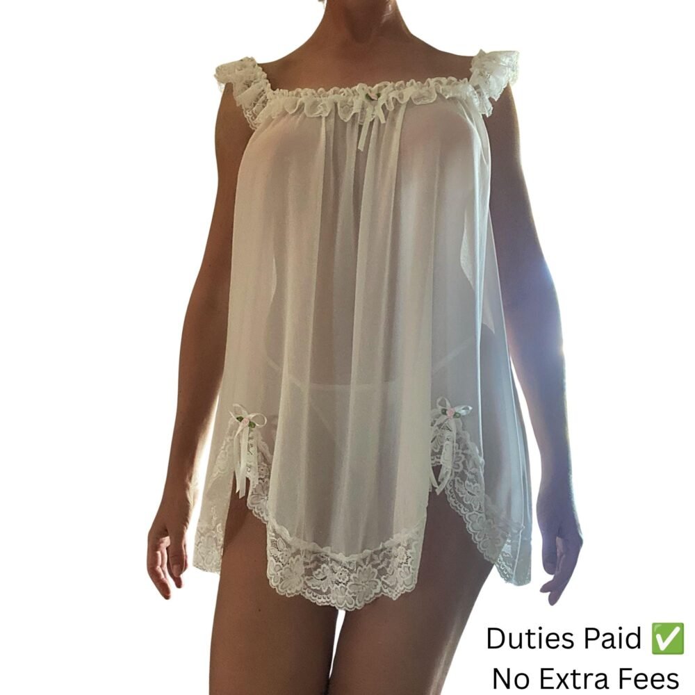 Sheer Babydoll Lingerie Dress with Panty Set, See Through White Nightgown