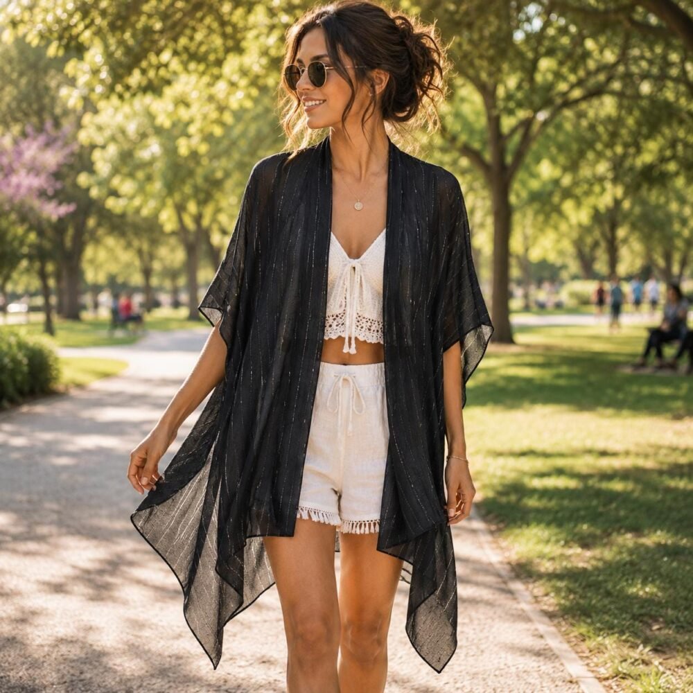 Shimmer Kimono Wrap – Sheer Boho Beach Cover Up, Elegant Layering Shawl