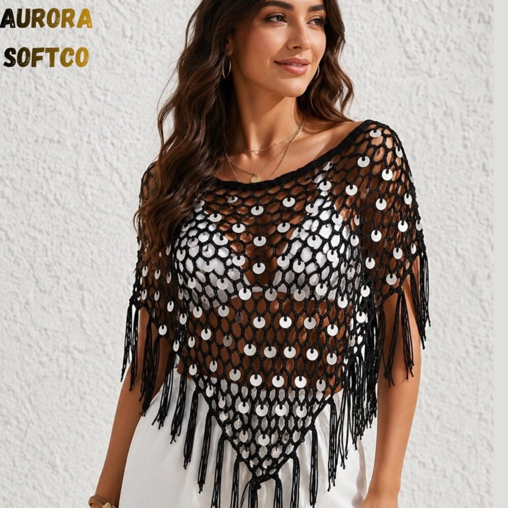 Boho Crochet Cover Up, Sequin Fringe Beach Poncho, Festival Top