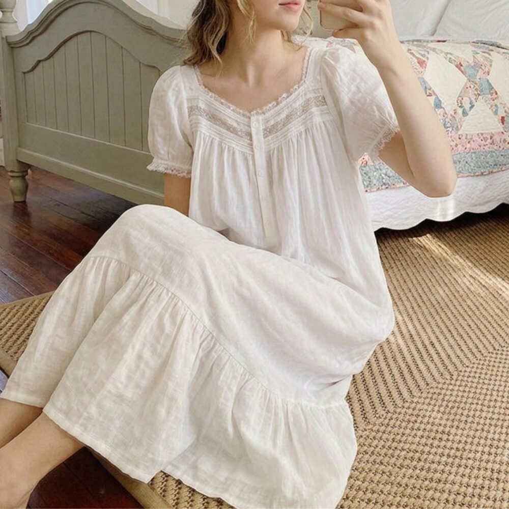 Cottagecore Cotton Victorian Nightgown , Lace Princess Sleepwear, Women's Short Sleeve Nightdress