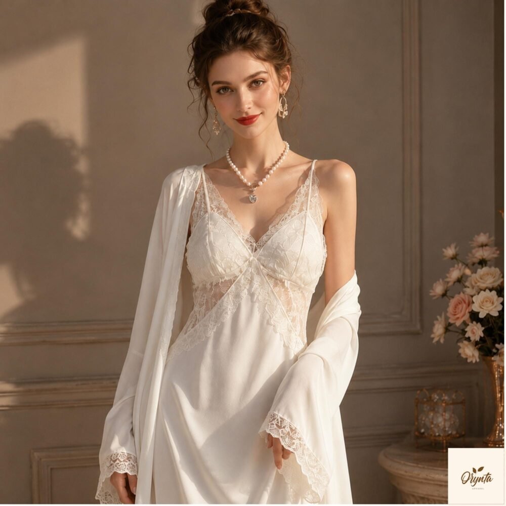 Bridal Viscose Nightgown and Robe Set, Lace Trim Ivory Sleepwear, Honeymoon Wedding Nightwear