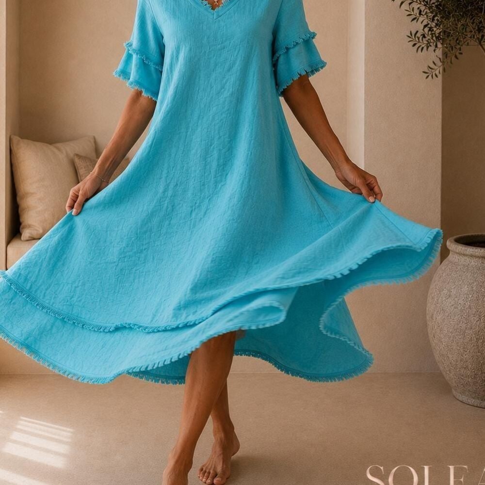 Cotton Linen House Dress | V Neck Pajama Gown for Her