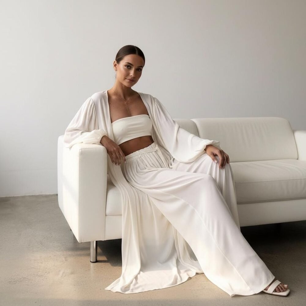 3 Piece Robe Set for Women, Spring Summer Sleepwear, Long Robe and Nightgown Set, Lightweight Loungewear, Bridal Pajama Set