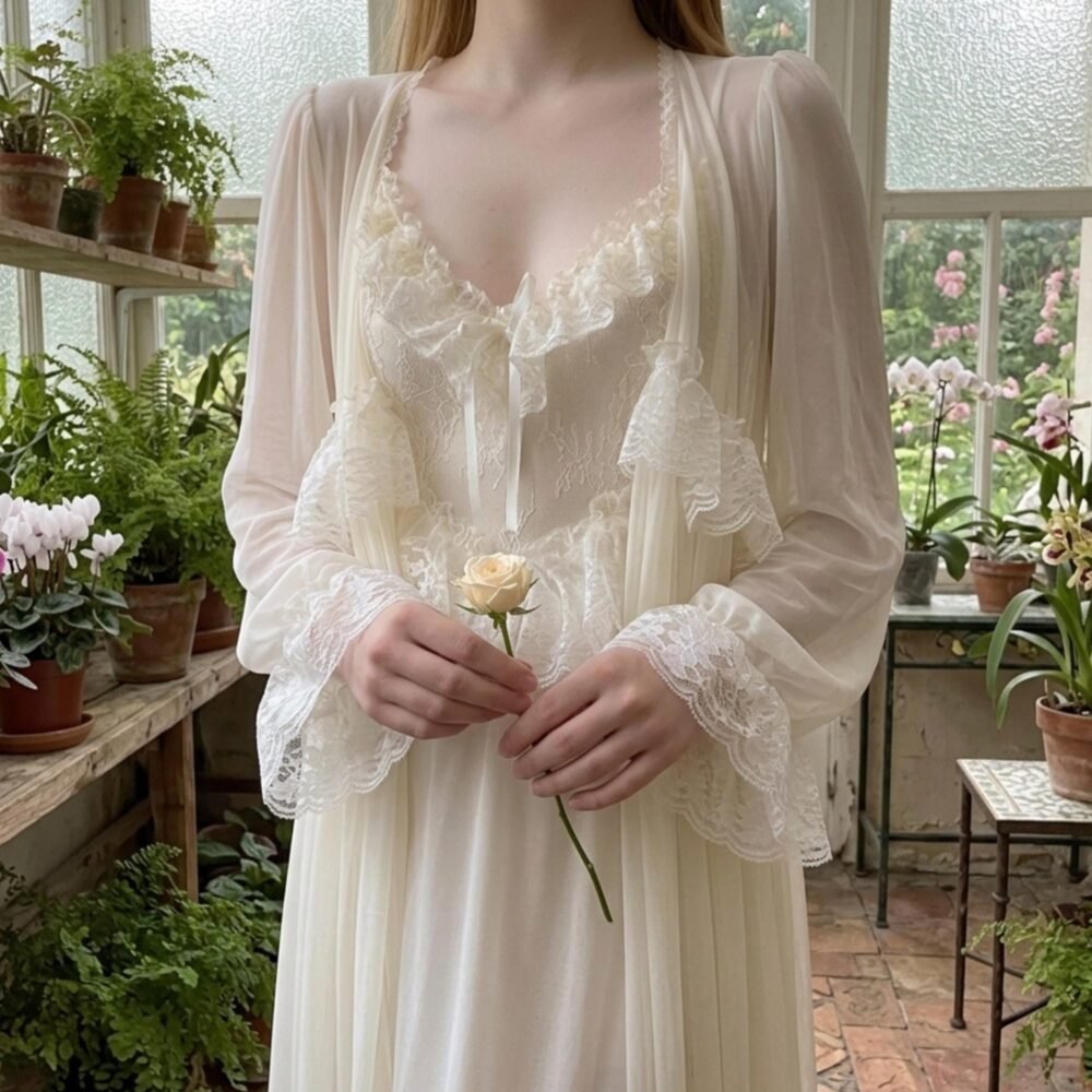 Ivory Sheer Ruffle Lace Robe | Vintage Bridal Lingerie, Puff Sleeves, Boudoir Nightgown