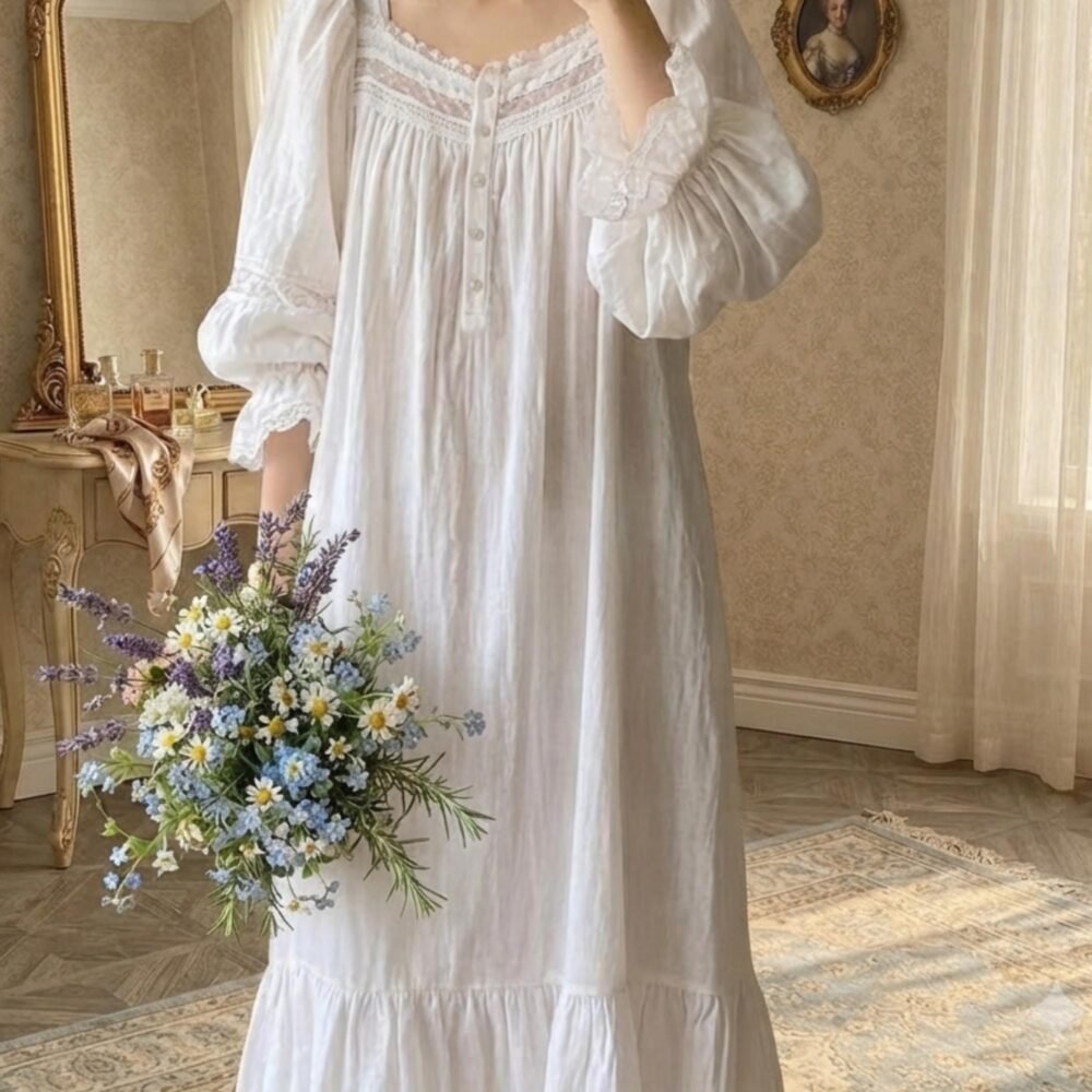 Victorian Puff Sleeve Nightgown, White Cottagecore Lace Sleepwear, Fairycore Cotton Nightdress, Romantic Edwardian Loungewear