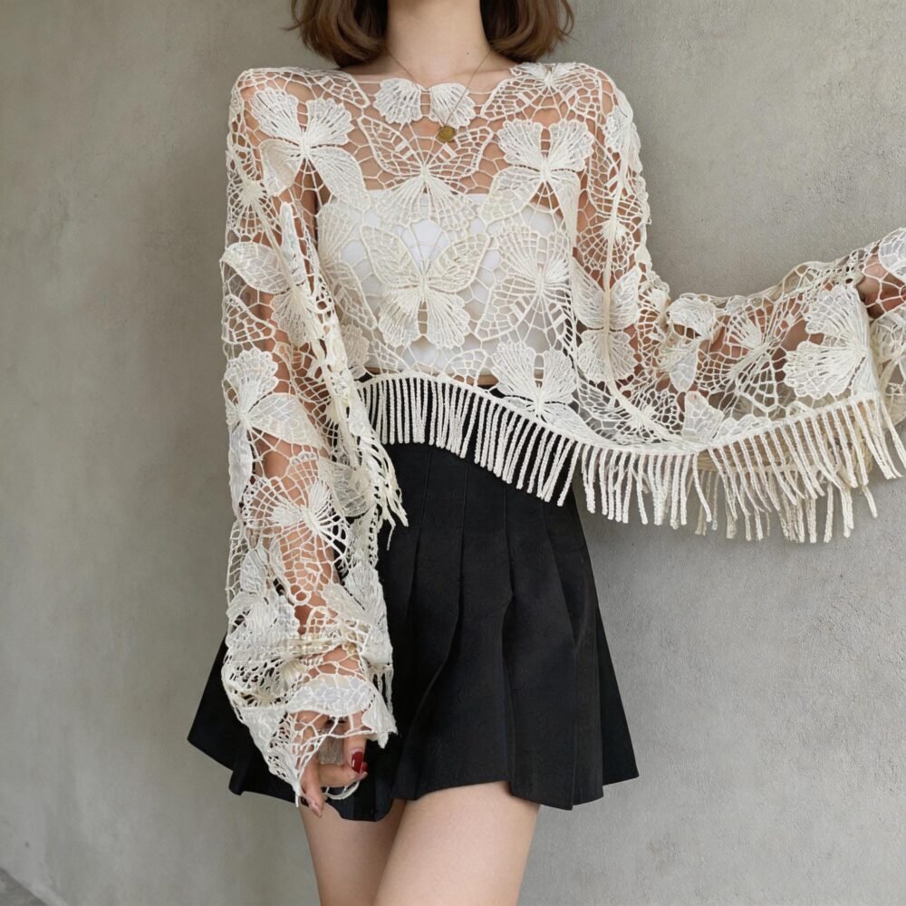 Boho Crochet Fringe Beach Cover Up, Sheer Long Sleeve Hollow Out Top, Summer Vacation Festival Blouse