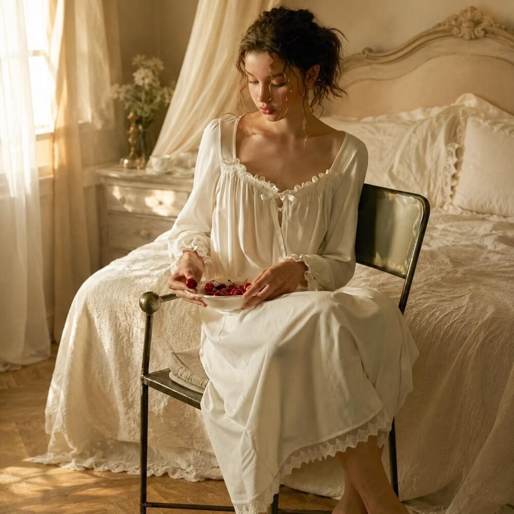 Victorian Cotton Nightgown | Smocked Neckline, Ruffle Trim, Ribbon Bow Sleepwear