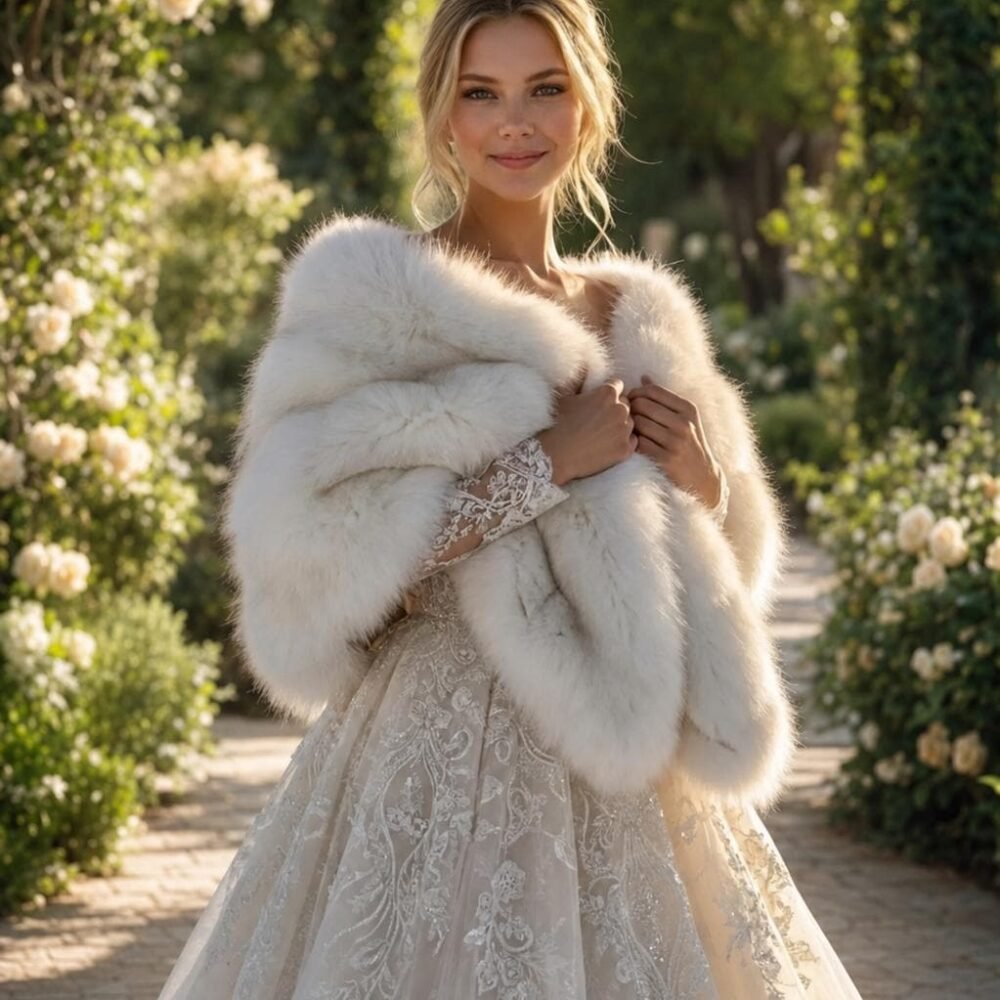 Soft Ivory with Black Tips Faux fur bridal wrap, Wedding Fur,Bridal Faux Fur Stole Fur Shawl Cape, wedding faux fur wrap (Butterfly Wht07)