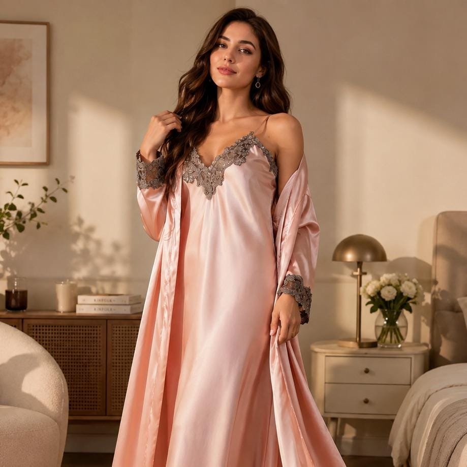 Long Satin Robe Set for Women | Lace Nightgown & Robe Set | Bridal Satin Sleepwear | Honeymoon Lingerie | Gift for Her