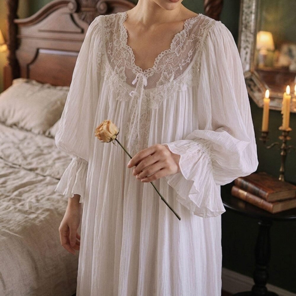 Cotton Nightgown for Women, Long Sleeve V Neck Fairy Style Sleep Dress, White Loose Loungewear for Relaxing and Home Wear