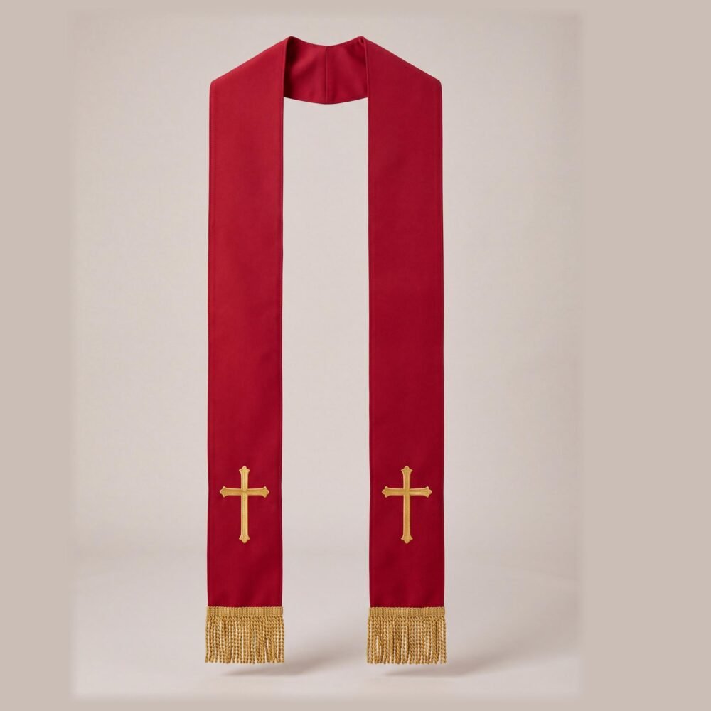 Red Clergy Stole with Gold Bullion Fringe, Embroidered Cross Pastor Stole, 112 Inch Long Priest Vestment, Ordination Gift