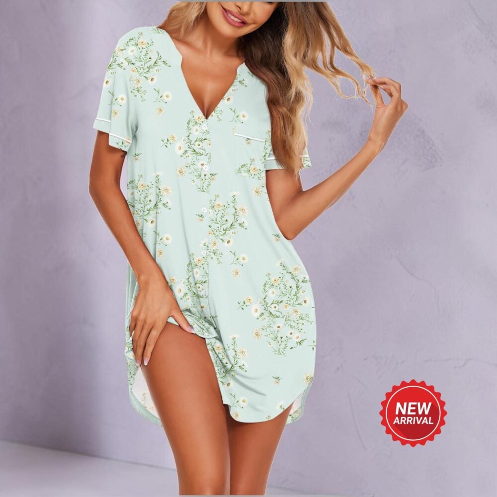Floral Daisy Print Button Down Nightgown, V-Neck Short Sleeve Sleepshirt