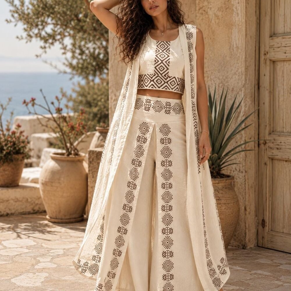 Handmade Boho Cotton 3-Piece Set | Printed Crop Top, Palazzo Pants, Shrug