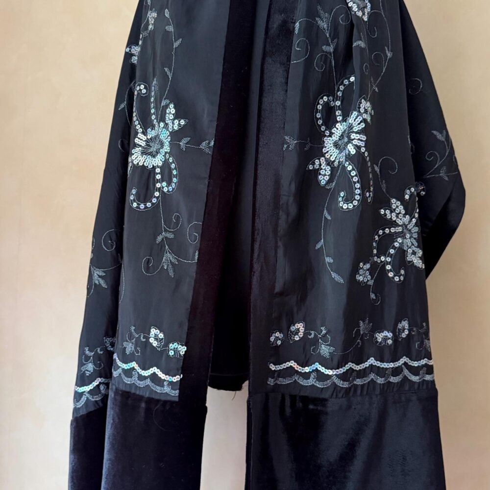 Vintage Double Layer Velvet Embroidered Stole Sequin Evening Shawl Black 50x170 cm