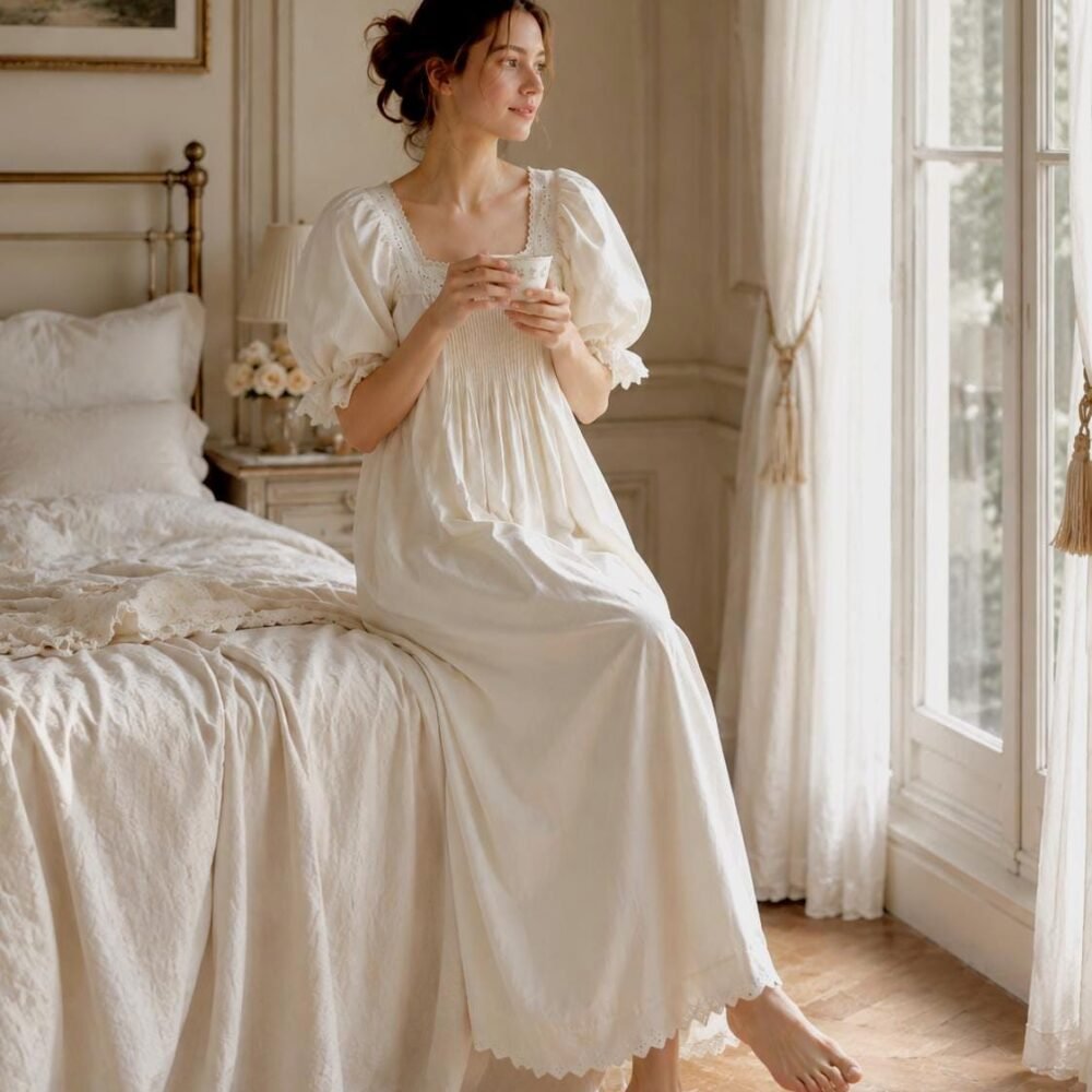 100% Cotton Princess Vintage Long Nightgowns French Embroidery Nightdress Ankle-Length