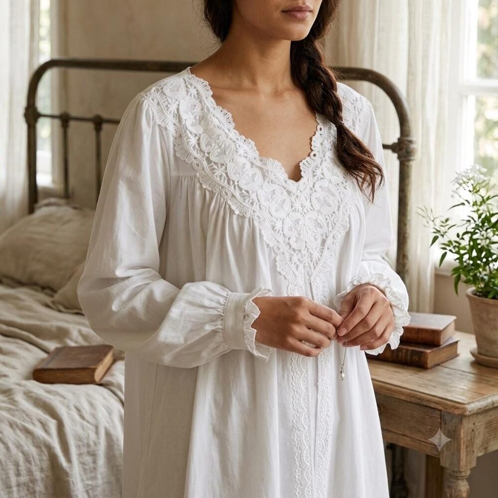 White Cotton Lace Sleepdress | Long Sleeve Victorian French Nightgown