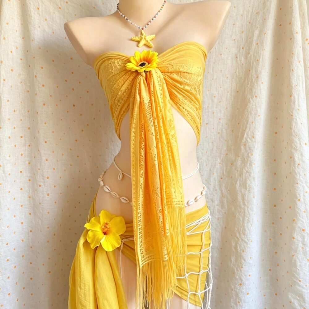Yellow Lace Chiffon Two Piece Set, Multiway Wear Wrap Tube Top & Sarong Skirt, Tropical Beach Swim Cover Up Outfit Gift For Her